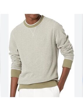 Billy Reid Men's Stripe Terry Crew Neck Sweater in Moss Green size XL